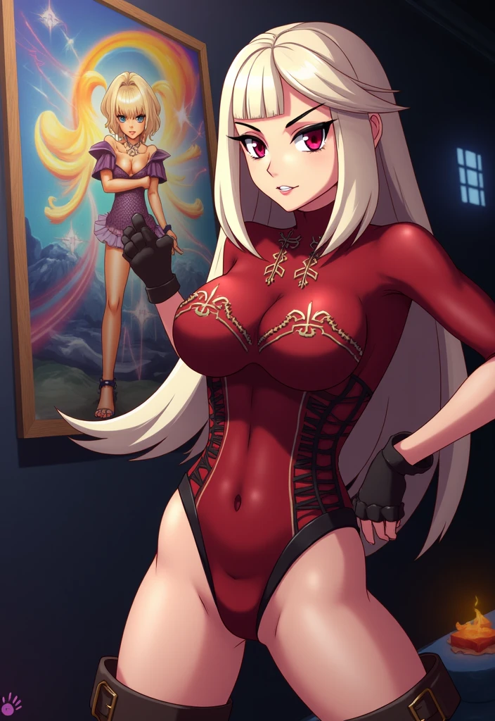 full body standind straight symmetrical, strong body, navel, traditional elf dress(red), barefeet, elf (white skin), 1girl, mature, big eyes (red eyes), choker slave, chain slave, shackles slave, short white hair