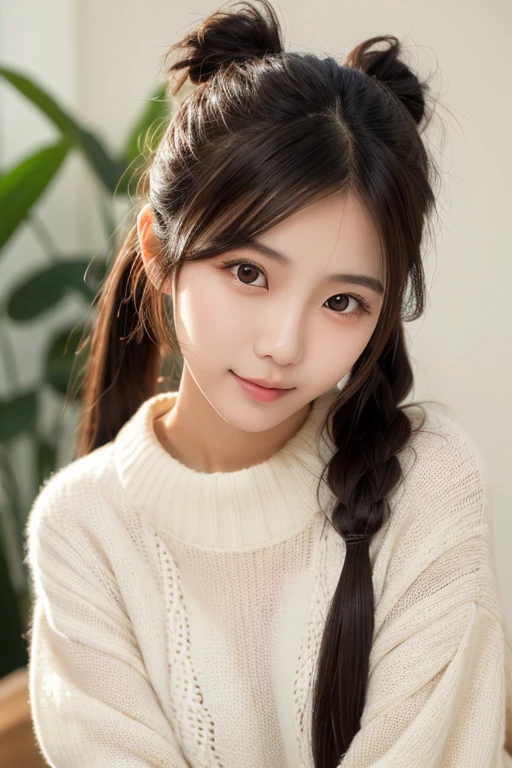 Realistic, masterpiece, highest quality, Highest resolution, One Japanese woman, Happy smile, Detailed and beautiful eyes, Iris, Sparkling eyes, Sharp Eyes, Thin eyebrows, Gives your eyelashes a delicate finish, False eyelashes, Natural Makeup, (Braided Hair, Blunt bangs, Brown Hair:1.2), Detailed face, She looks to the side and into the distance, Grinning, Mouth open, cheeks pink, Spring knitwear, Upper body photo, Portrait background