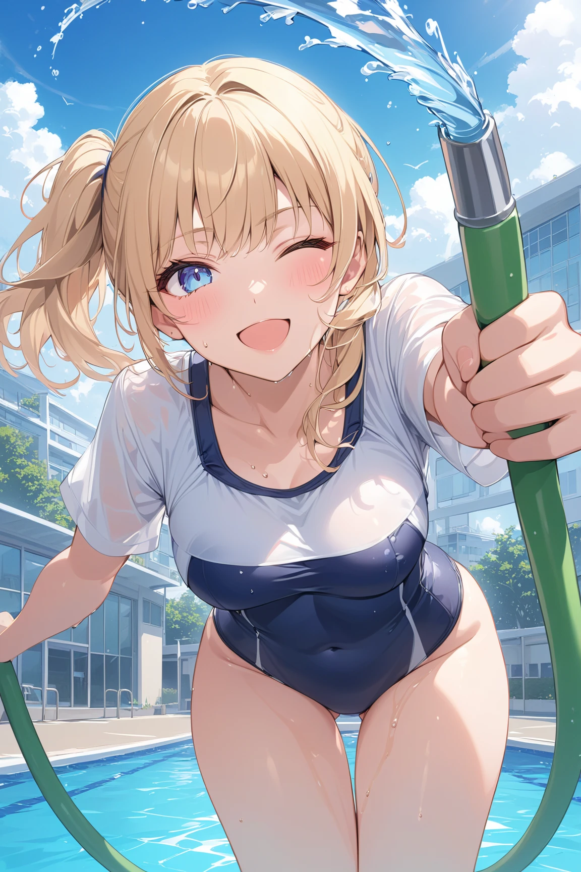 masterpiece, Navy school swimsuit, Blonde twin tails, Sunburned skin,Standing Split, Lift your legs,Leg lift,Standing on one leg,close your eyes, Tears in the eyes、Open your mouth, What saliva leaves behind, Wet skirt hem, Sticky panties, Bulging of the vibrator cord, Vibrator with Garters