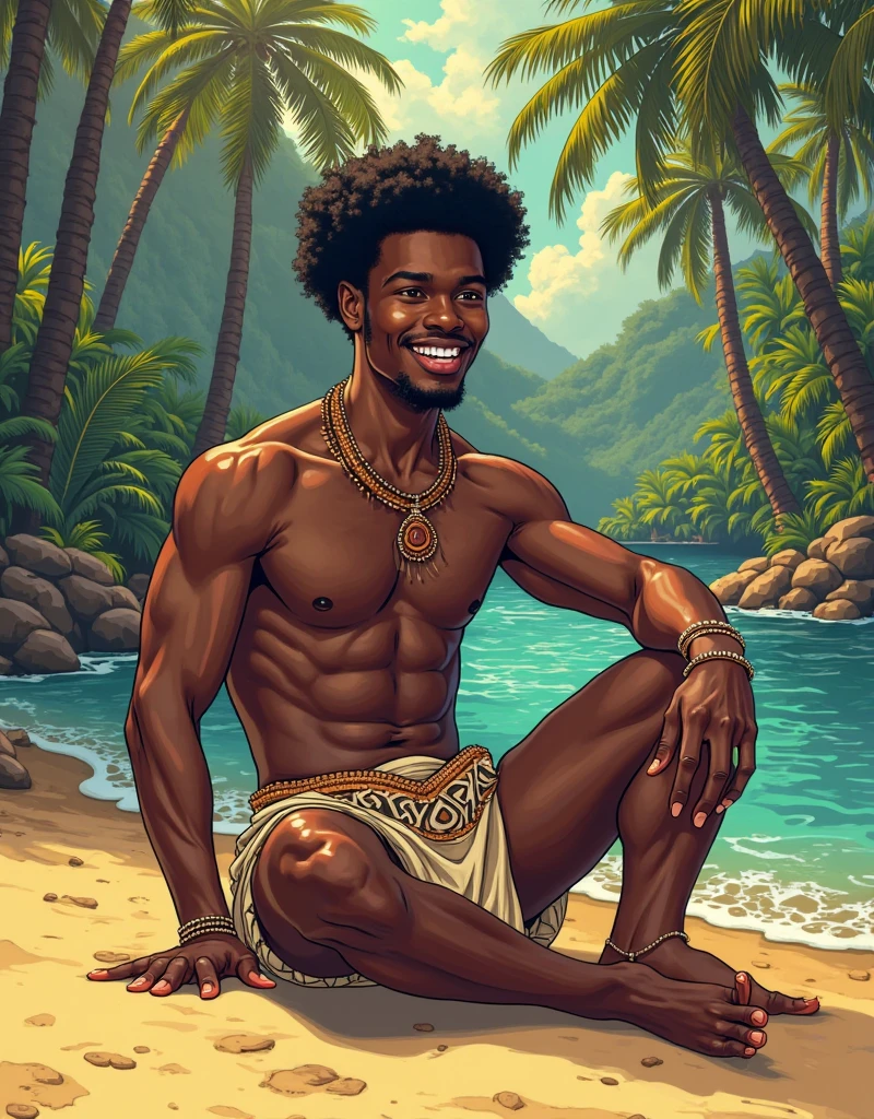 African man lying on bed shirtless, detailed skin, lower half of body covered, with short shorts, with African sheets (sheets with African fabric) African tribal background, splashes of milky white transparent goo on his upper view of abdomen (male focus) masterpiece