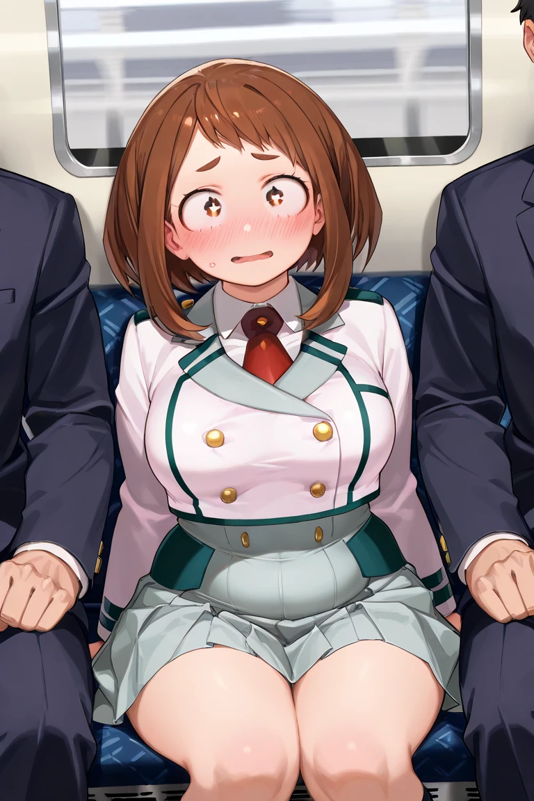 score_7_up, anime screencap,
1girl, blush,
long hair, brown hair, brown eyes, short, 
HarukaUniform, blue jacket, white shirt, red necktie, green armband, white gloves, pencil skirt, blue skirt, brown pantyhose, long sleeves, high heels
(2page),comic,Multi view, Frame, Text, speech bubble, frame, focus line, comic expression, Sound effect, 1 girl, solo focus, (cowboy shot), hetero, oral, fellatio, irrumatio, bukkake, cum on face,
blurry background, train station, rail tracks