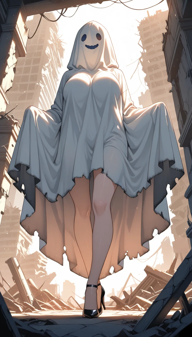 Giant woman, destroying buildings, torn gorgeous white dress, bottom view from below, action pose