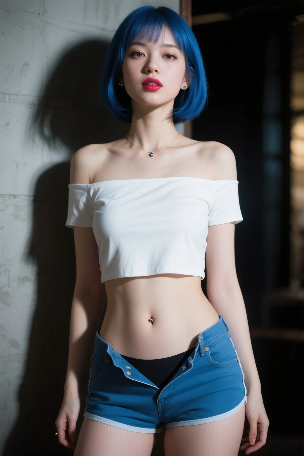 ((beauty eyebrows:1.4, large breast:1.4, beauty eyes:1.4,(((hand between legs:1.4))))),(((((tall:1.4,full body:1.4,standing:1.4,looking at downside:1.4)),((denim shorts:1.4, belt:1.4, leather ankle boots:1.4)),calf:1.4,ankle:1.4,knees together:1.4,sexy:1.4,(((((beauty face:1.4))))),belt:1.4,1girl:1.4,Mio Serizawa:1.4,blue long hair:1.2,tied shirt:1.2,earrings:1.2, navel:1.2))),((simple background:1.4)),(photo realist: 1.4), (hiper realist: 1.4), (realist: 1.3), (smoother lighting: 1.05), (Improve the quality of movie lighting: 0.9), 32K(increase the beauty of skin texture: 1.4, better quality, (beauty), (masterpiece:1.4), (Physically based rendering:1.4), (ultra high resolution:1.4), (best quality:1.4)