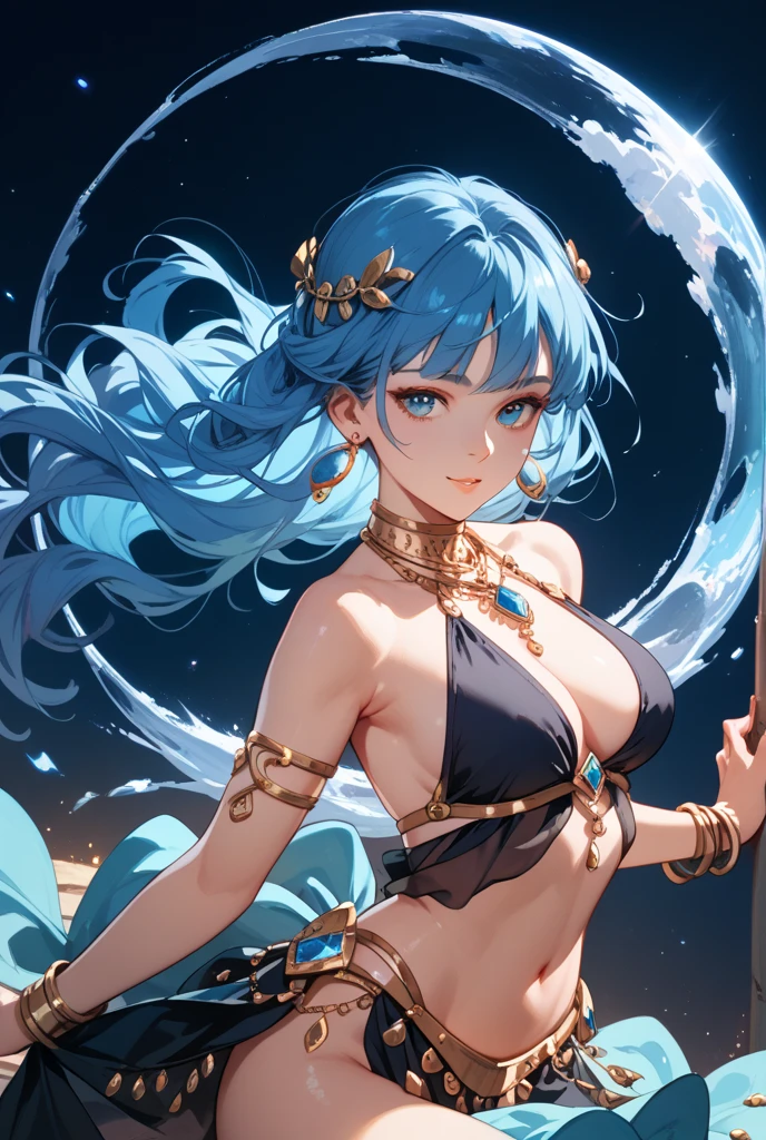 Anime Moe Art Style,highest quality,High resolution,Anatomically correct,One Girl,Mid-s,A girl with light blue hair in a ponytail,Super detailed,Fantasy World,Girly fashion,Big Breasts,A rich expression,smile,Holding the knife in the wrong hand,Eyes drawn in detail,hair ornaments,necklace,bracelet,ring,8K