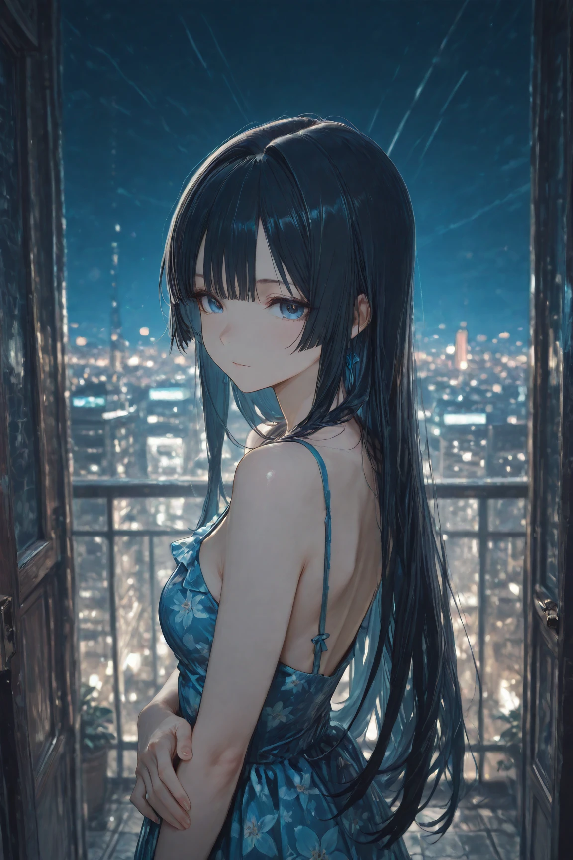 "Epic nightsky of a futuristic city filled with symphonies and music; a stunning 4k artwork showcases a mature female with black hair adorned with intricate decorations. Her captivating blue eyes reveal her identity as the goddess of symphony, yet she exudes an air of laziness in her demeanor."