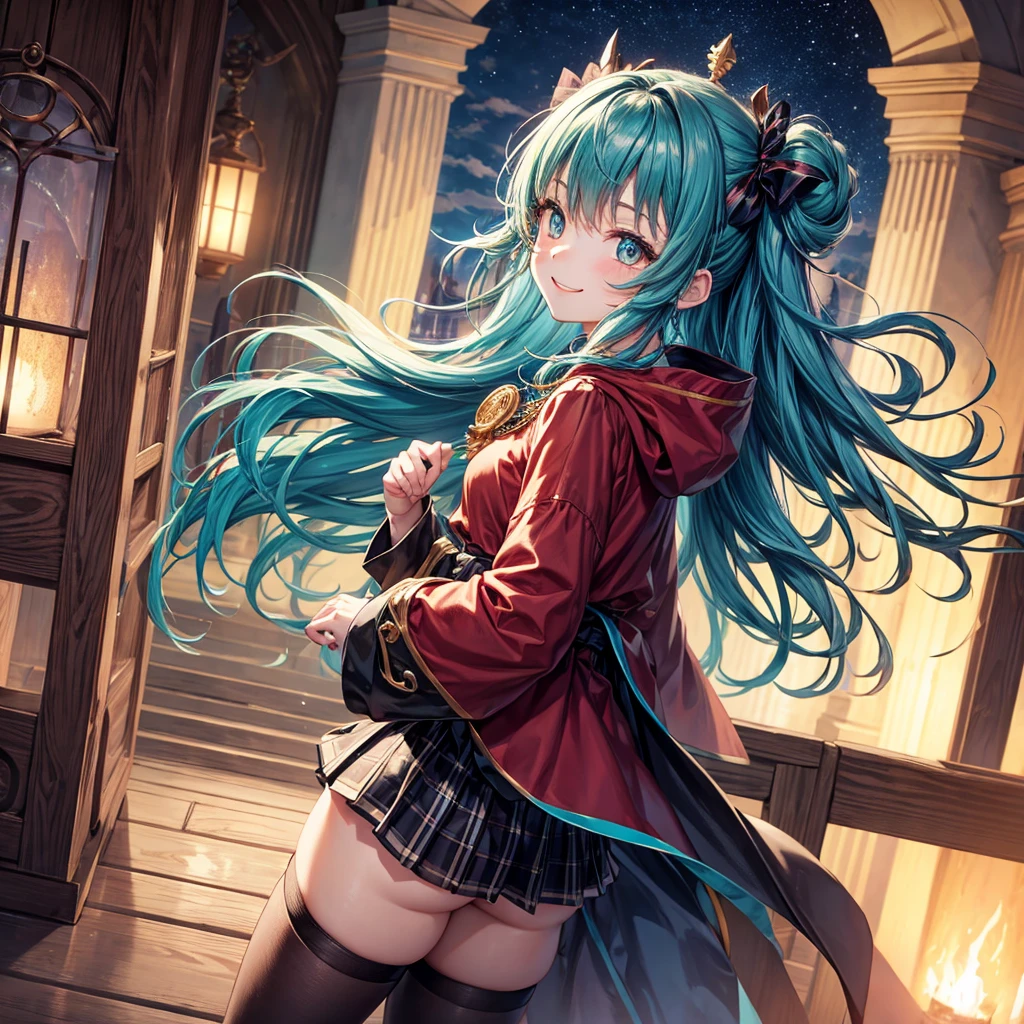 Realistic and detailed image of an elf. Dressed in a long tunic and checkered miniskirt with pleats and garter belts. Unusually shiny long black silky hair. Turquoise red eyes. She has earrings and long eyelashes. She has full lips and vampire teeth. Big breasts, thin waist, very wide hips and thick thighs. Side view. Arched back. She is walking in a city. Snowy night. Dark environment. Halloween. Starry Night.