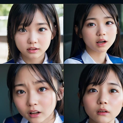 ((highest quality, masterpiece :1.3)), Photorealistic、Ultra-high resolution、Natural skin texture、Hyperrealism、Ultra close-up、12 year old beautiful Japanese girl、Twin tail hair、well-shaped breasts、White collared shirt and tie、mini skirt、Frightened expression