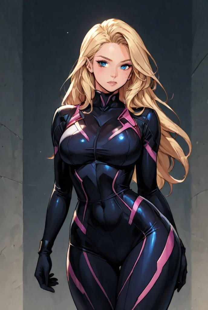 (best quality,ultra-detailed,photo-realistic:1.37),bright and vibrant colors,studio lighting,playful expression,stylish makeup,long blonde hair flowing in the wind,alluring eyes,glossy lips,sexy pose, X-men, 2099, smiling in a confident and seductive way,posing for a professional photoshoot,shallow depth of field,highlighting the main subject,soft natural lighting,creating a dreamy and magical atmosphere.