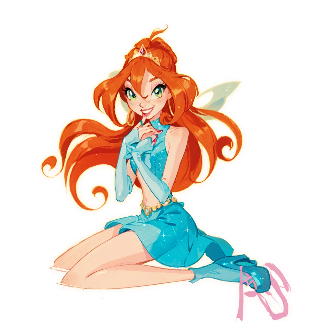 <lora:Bloomv1:0.6>, bloom (winx club), 1girl, ahoge, blue eyes, crop top, heart, jewelry, long hair, midriff, navel, open mouth, orange hair, skirt, smile, solo, thighhighs, (((arms behind back))),