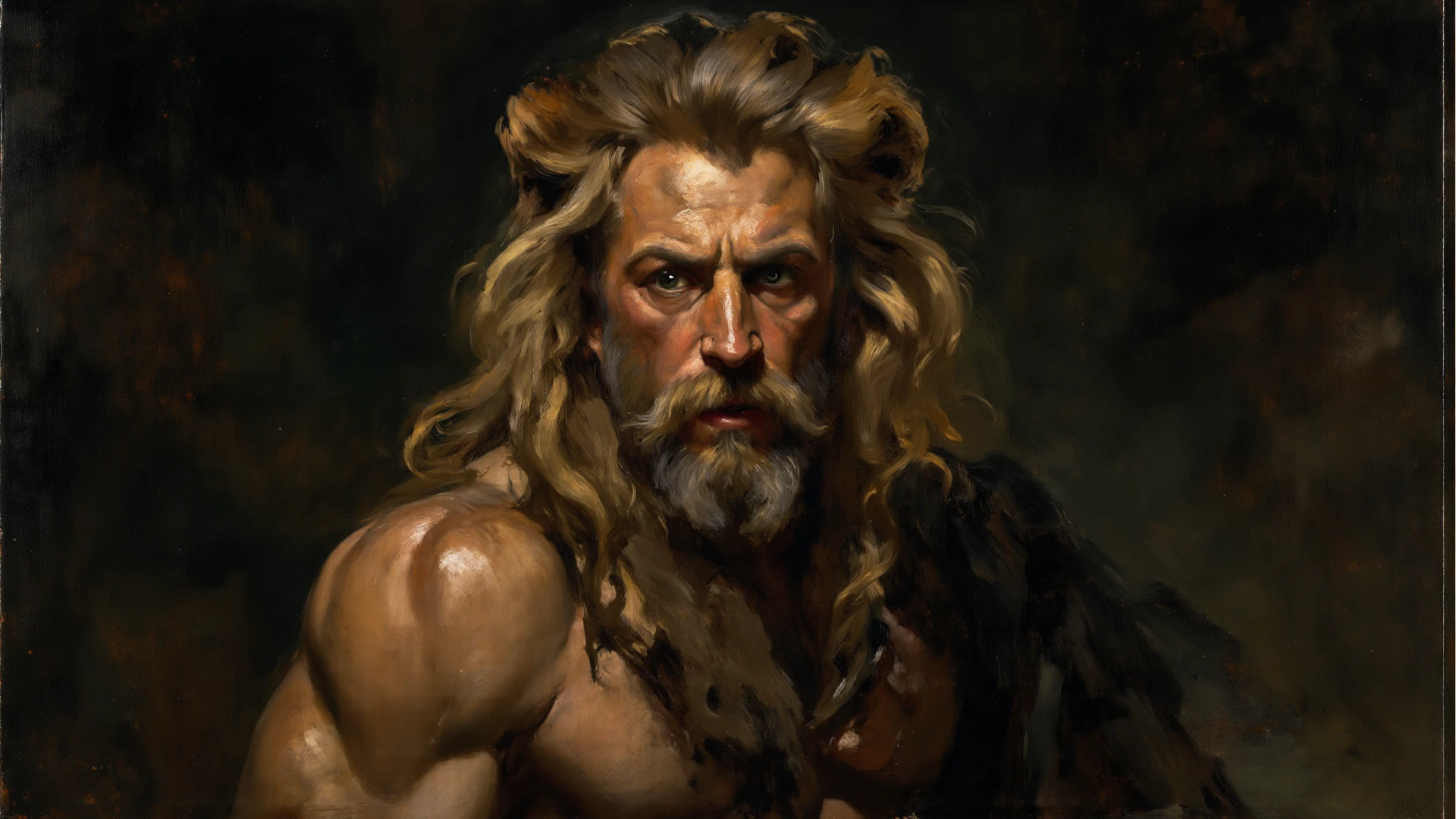 painted portrait of stout zeus, god of thunder, greek god, blond hair, male, mature, handsome, upper body, muscular, hairy torso, fantasy, intricate, elegant, highly detailed, digital painting, art station, concept art, soft, sharp focus, illustration, art by Gaston Bussiere and Alphonse Mucha