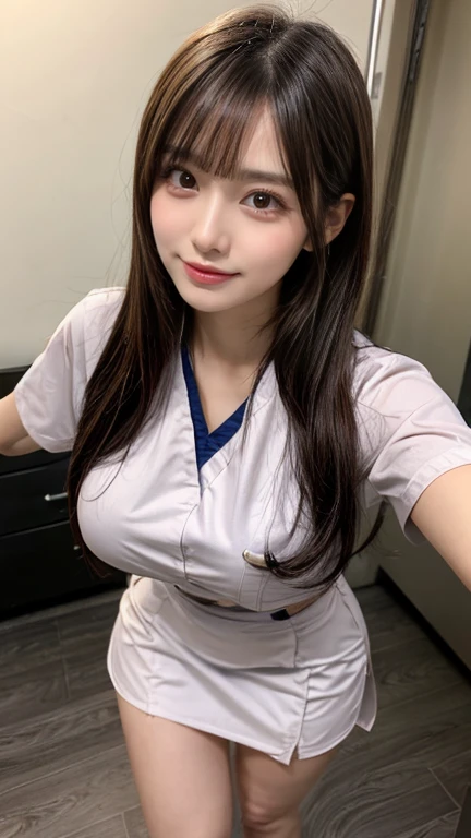 ((highest quality、Masterpiece、High resolution))、(((Zoom photo of upper body)))、(A shy smile:1.2)、One woman、Beautiful Skin、Beautiful Eyes、Big Breasts、Nurse uniform、Black Hair、Trimmed bangs、short hair