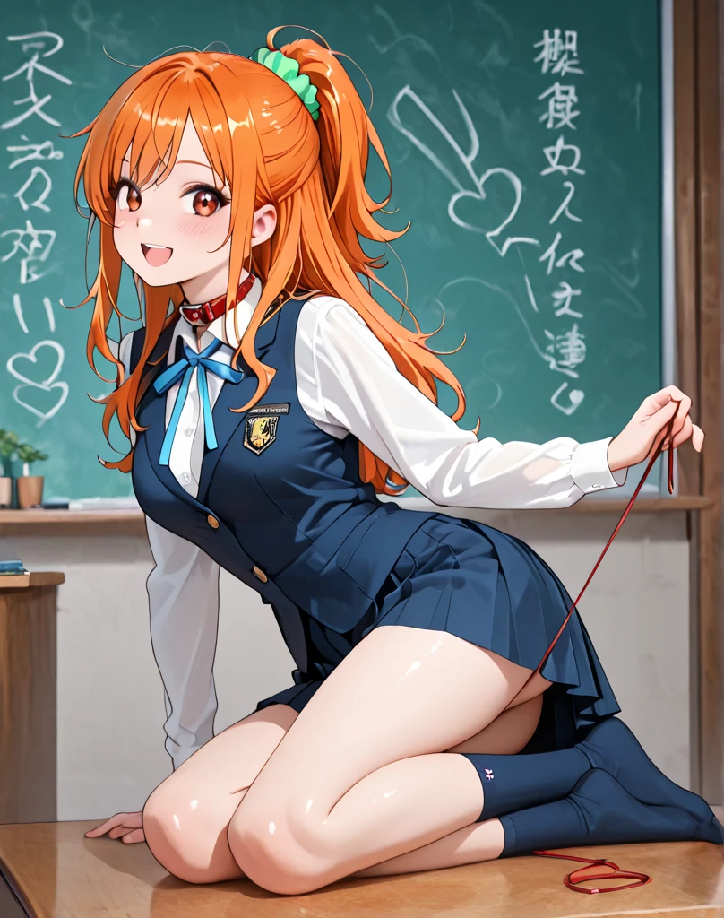 (((twin tail orange hair, with black stripes))), tiger girl, tiger hybrid, school wear, black and orange skirt, tiger stripped tie, tiger ears, tiger tail, school background, classroom background, ((sitting on desk)), (black panties), white thigh high socks, legs raised, (((panties peek))), (((alone)))