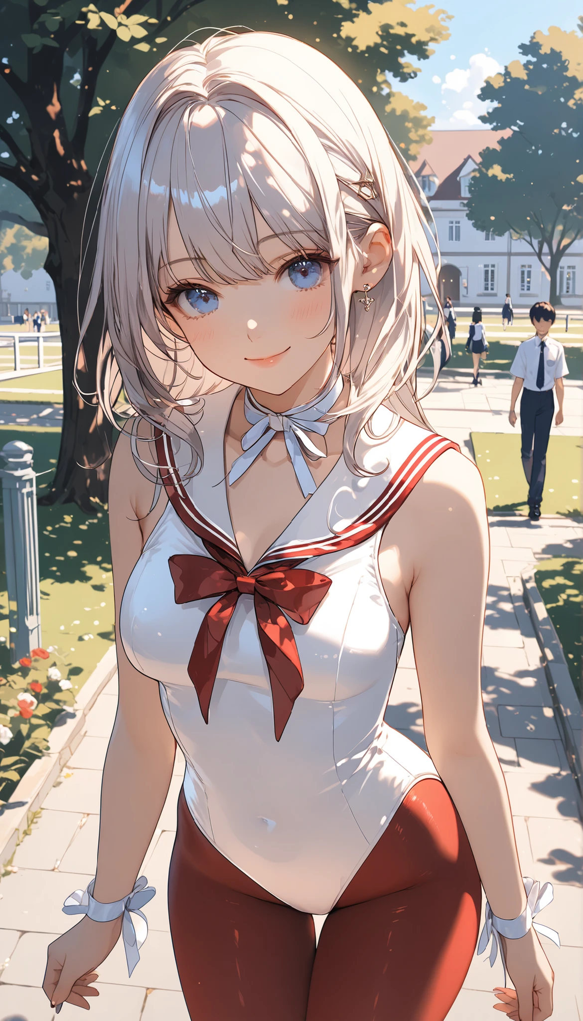 Expensive quality illustration, masterpiece, very delicate and beautiful, charming, (beautiful detailed sailor collar& ribbon tie with white metallic high-neck-Leotard, expensive_leg leotard),RED pantyhose, thin, slender body, slim, expensive school, school yard, walking , princess, beautiful eyes, thin smile, high resolution, highly detailed CG Unity 8K wallpaper, perfect lighting, ultra high resolution,
