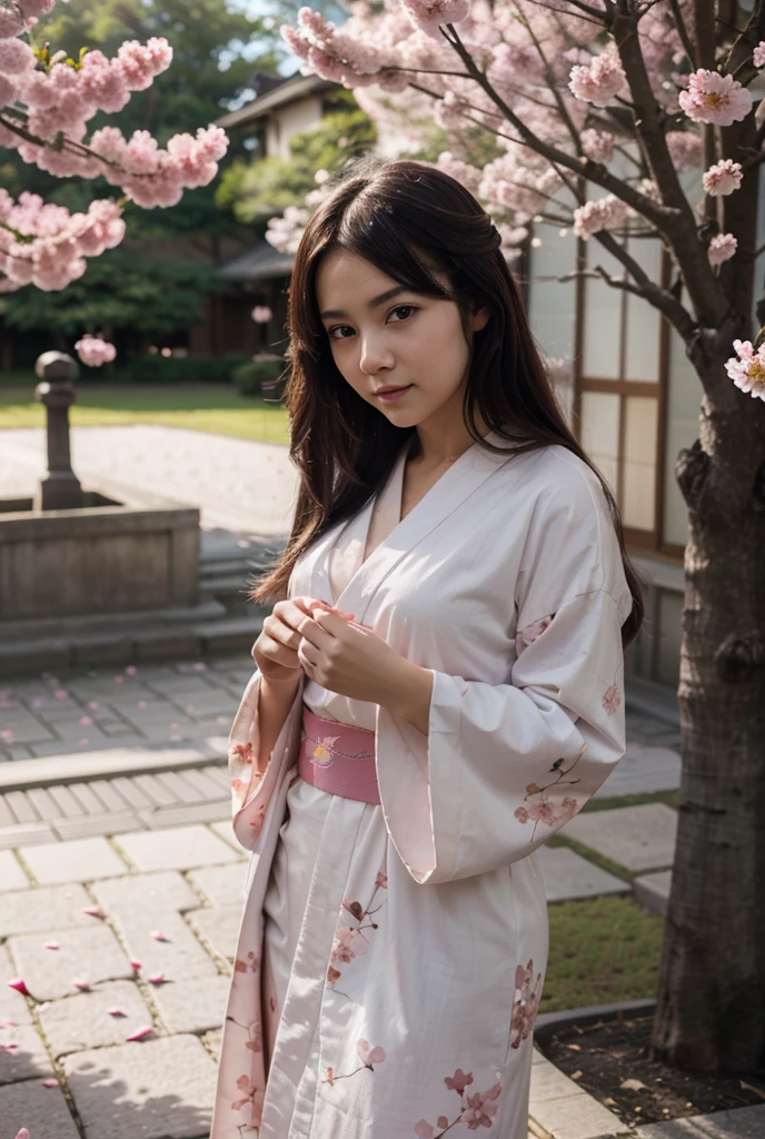 girl[Thai]Beautiful standing in the middle of the forest(The cherry blossom tree)In the thick fog, she wore an elaborate robe with embroidery inspired by nature. ((Turn your face slightly towards the camera.)) And hold(Bamboo walking stick) ผมยาวสีเข้มประดับด้วยกิ๊บติดผมอันประณีต ทอดยาวลงมาตามหลัง แสงอ่อนๆ ส่องผ่านThe cherry blossom tree สร้างบรรยากาศอันเงียบสงบและงดงาม