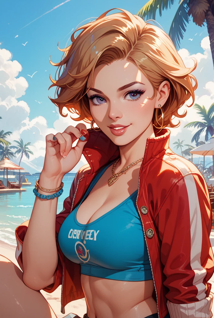 (masterpiece, best quality), young woman, perfect slim fit body, (huge breasts), big gorgeous eyes, soft smile, parted lips, detailed printed micro bikini top, fleece jacket, short shorts, pastel colors, detailed choker, wavy hair, santorini beach, late evening, excellent lighting, bright colors, clean lines, photorealistic