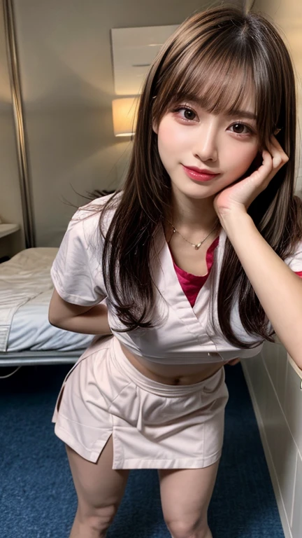 ((Highest quality)), ((masterpiece)), (detailed), Highest quality、Highest quality、8K quality、whole body、One Japanese woman、信じられないほどdetailedな顔、brown and light hair、Beautiful eyes with amazing details、Perfect breasts、Beautiful body、Slightly tanned skin、ponytail、2、Love hotel bed、(Thin and small silk side tie panties)、((Spread your legs 1.4))、((Medium Hair))、Lying in bed:1.7、Natural smile、Braiding、Look at this、Feel the expression、Naughty look、(Really short, Open collar nurse uniform:1.2)、(Nurse Cosplay.2)