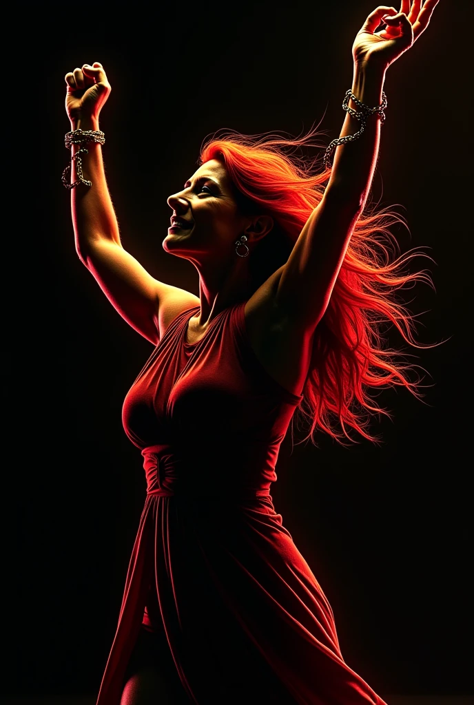 Portrait of a 40-year-old Spanish woman, very long and loose hair, (red rose in her hair), cheeky dove-turning, piercing gaze, she is dancing in front of a bonfire in a savannah, black and red lace dress and gold jewelry.