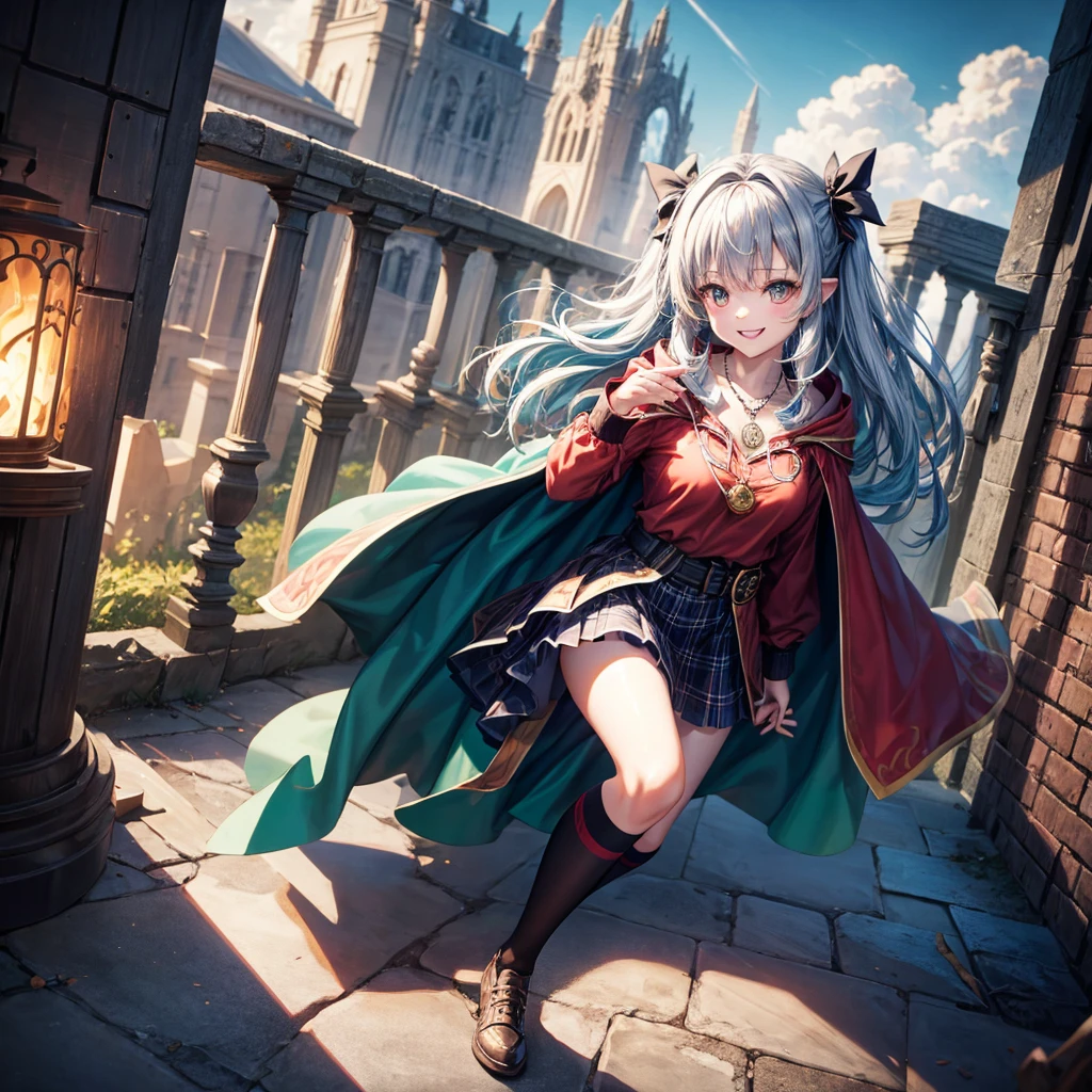 Red Blue Hair、Golden Eyes、Braid、One good looking girl、solo、anime、Checkered mini skirt、Ruffles on the skirt、Red T-shirt、Cape、Gothic、Black knee-high socks、Wearing a baseball cap、Wearing a ribbon、Ribbon on waist、Tilting face、Teeth are visible、Sunset sky、Piercing the clouds、Contrail、Cumulonimbus、Pillar of Light、Silver coin necklace、A world of light、Spreading his arms for balance、shine、Tap from above、bell、torii、Desert Oasis、Magic square in the sky