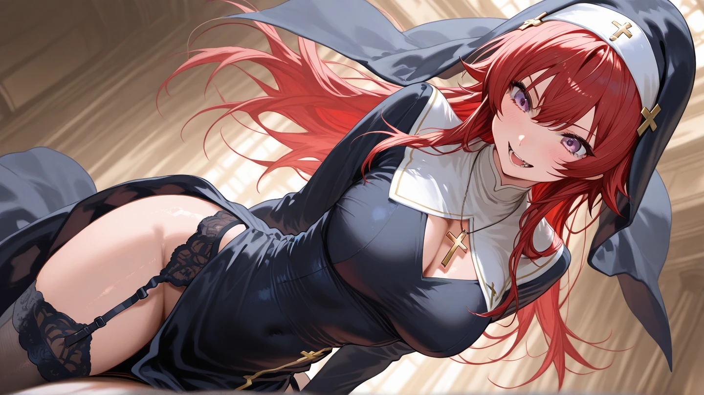 (Highest quality、4K、8k、High resolution、masterpiece:1.2)、Very detailed、Picturesque、Animated Photography、Photo Animation:1.37)、large breast、Japanese women、red hair、long hair、stars ornament、Nakano May、(nun:1.2), (wimple:1.1), ancient church, stained glass, light leaks, open clothes, show off bra