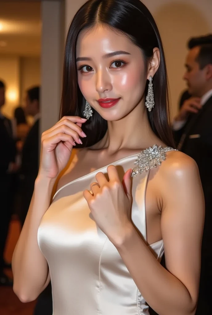 a closeup, ​masterpiece, top-quality, Raw foto, Photorealsitic、Aori Shot、unbelievable Ridiculous, beautiful a girl, High brand ultra-luxury dress with open chest、Glossy fabric、Half-up hairstyle、small brest、Smiling smile、The look of joy when reunited with a lover、((Hide your mouth with your hands))、Hair fluttering in the wind、女優、On the red carpet、depth of fields, hight resolution, ultra-detailliert, finely detail, ighly detailed, extremely detailed eye and face, Sharp pupils, foco nítido, Cinematic lighting
