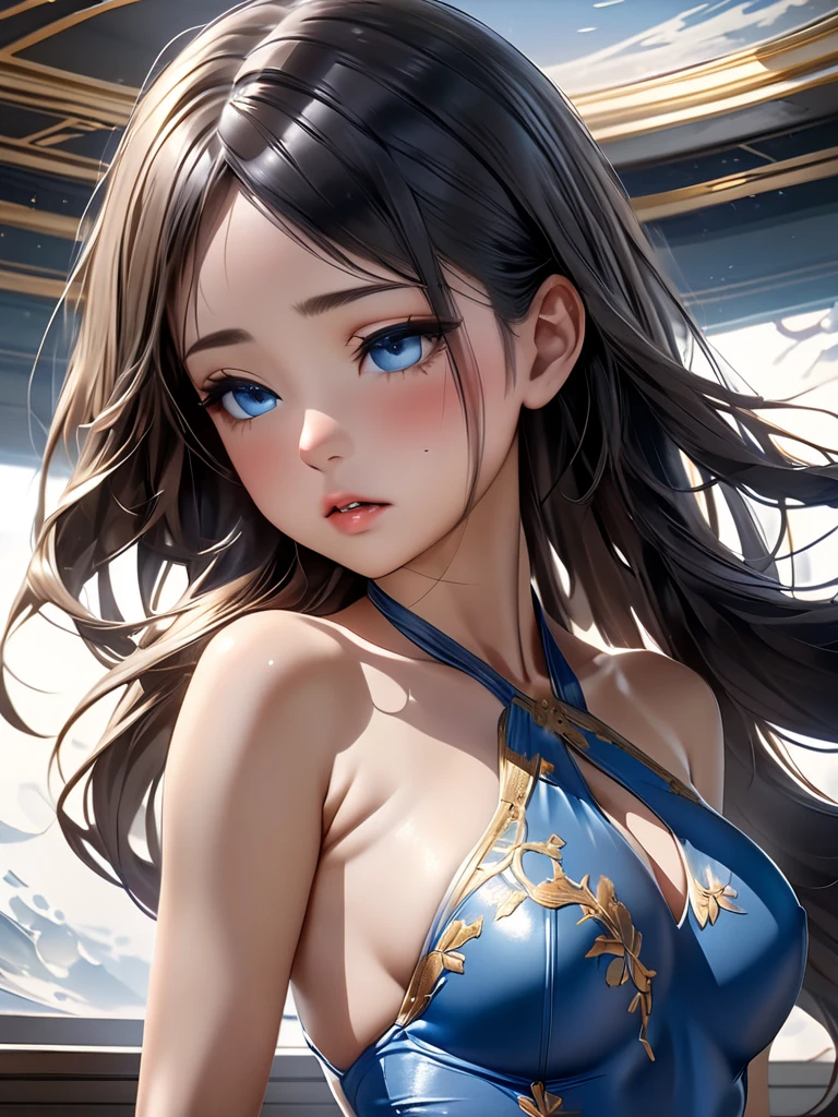 Highest Resolution,Highest quality,A beautiful girl in a Chinese leotard crying,Bun Hair,Dark bedroom,Tears,Open your mouth and drool,whole body,front,Sweat profusely,Beautiful eyes,Lots of saliva,