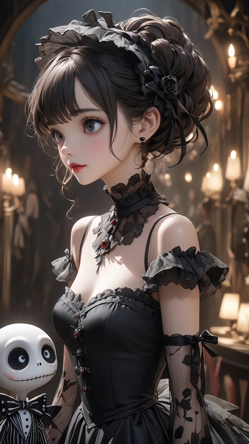 (1 girl 1.3) (extremely detailed 1.3) (anatomically correct, High precision, realistic skin) (RAW photo, Super detailed, advanced details, intricate details,), (Lighting: Face lighting, Ray tracing, reflective light, Structurally correct) ((Background: back room of a nightclub 1.3)) (Subject: beautiful Asian, mixed Asian, bronze skin, woman with hair in black curls and coils) (wearing: glamorous detailed embroidered white gothic Lolita rave, white corset, white, neck wrists and fingers, wearing elegant gold and black high heel boot new rocks),((beautiful big eyes looking up at the viewer, black shiny lipstick, perfect Asian goth cyber makeup))