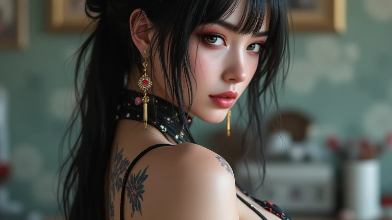 A fierce woman in nude, member of a Yakuza family, staring intensely into the camera, yakuza body tattoo, high detail, cinematic lighting, dramatic shadows, powerful expression, realistic photograph, cowboy shot, digital painting, by Ilya Kuvshinov and Artgerm, moody atmosphere, 8k resolution.