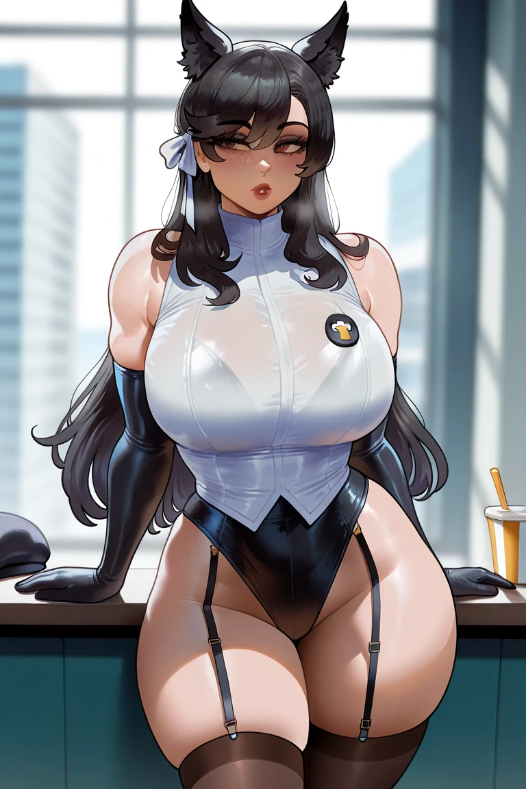 ((((masterpiece, best quality, high resolution)))), from above,illustration,1girl, looking at viewer, light smile, (breast focus), (arms behind back:1.2), average breasts, (breasts out:1.2), midriff, collarbone, nighttime, sweat, (black Playboy bunny suit, highleg leotard, thighhighs, pantyhose, rabbit ears, high heels), night bar, night light, seductive expression, seductive eyes, suggestive looks, cowboy shot, sciamano240