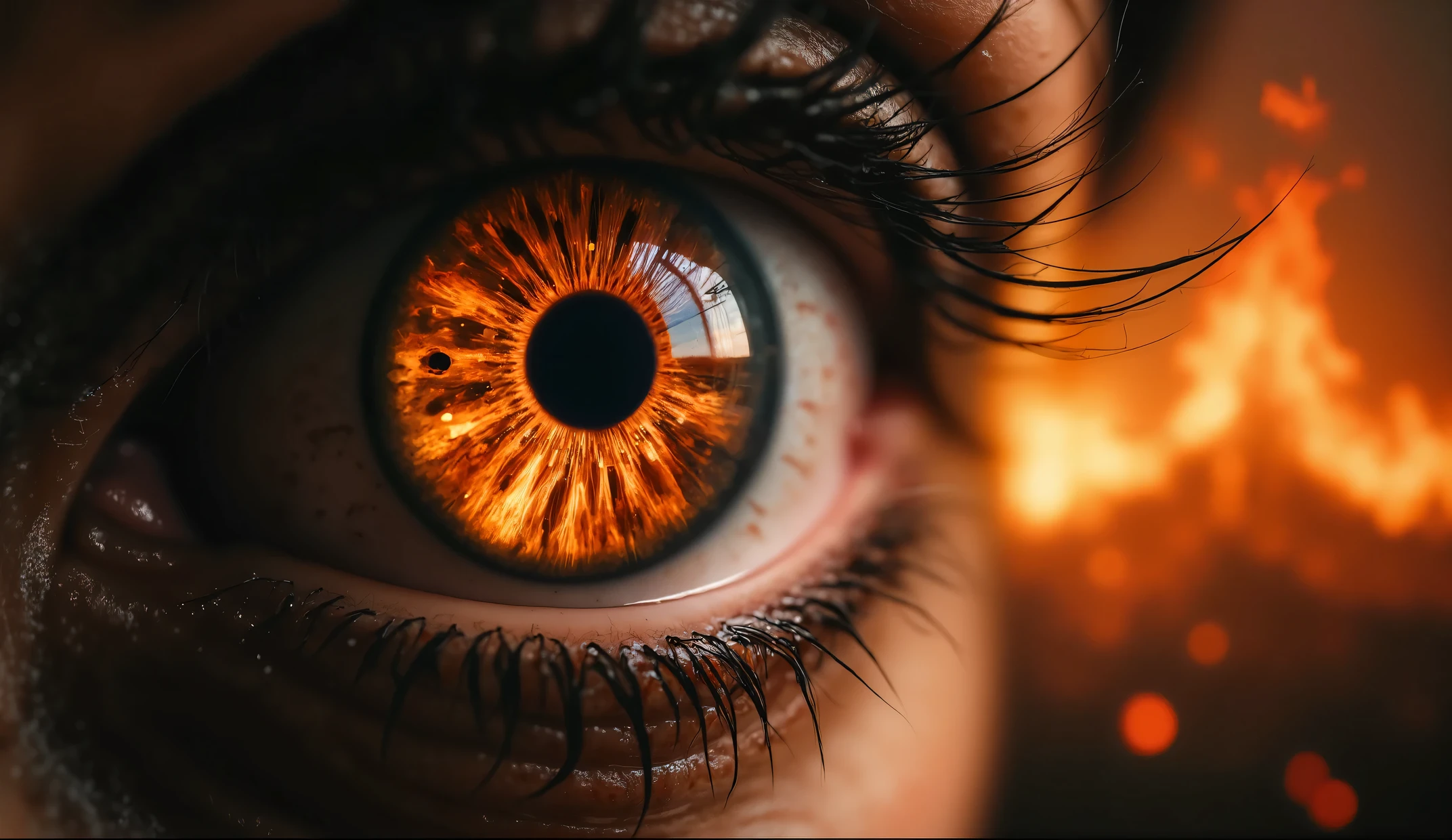 zavy-drkcnmtc , Professional scenic photograph, artistic composition, taken at a distance from an extreme close-up of a woman's eye, and show intricate scales and reflections of a burning city. The flames and smoke are vivid and intense, with ash floating in the air. The woman's iris shines eerily. The eye shines with a radiant glow, reflecting the red flames of a great fire. realistic style., perfect vantage point, highly detailed, wide-angle lens, hyperrealistic, with dramatic sky , polarizing filter , natural lighting, Bright colors, all in sharp focus , HDR-10, ultra high definition, 64k