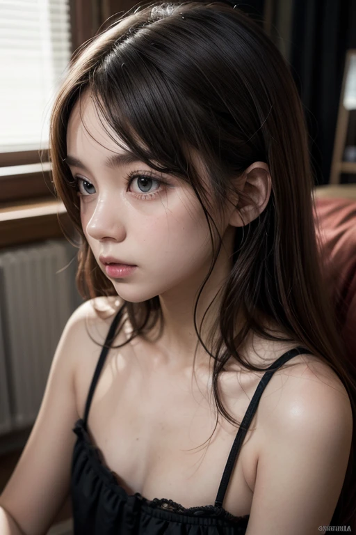 Best Quality, master part, ultra high resolution, (photorealistic:1.4), raw photo, 1 girl, Inside the cafeteria, looking at the viewer, long red hair, pale skin, Half body, neckline, red hair