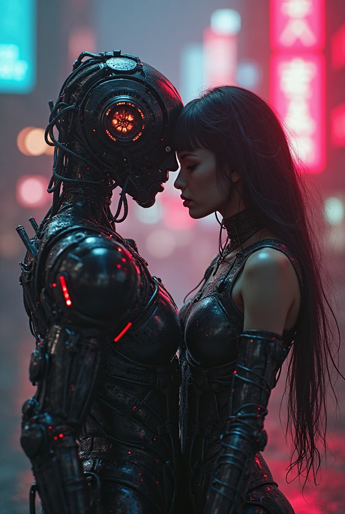 Here is a short story that focuses on the relationship between female and male cyborgs:
In a dystopian, neon-lit metropolis of the future, Amanda, a metal-framed cyborg beneath her skin, wandered the streets in search of her destiny. Her mechanical limbs glittered under the lights of the city's signage, giving her a menacing yet mesmerizing appearance.
One day she met Max, a cyborg like herself, with eyes skillfully embedded in his cybernetic face. A dialog ensued between them, full of distrust and wariness inherent in their artificial natures. But gradually, under the influence of an inevitable attraction, they began to blur the boundaries between the human and the mechanical, realizing that their relationship could become something more.
Going through endless trials and obstacles, prepared for them by the world, where technology dominated over nature, Amanda and Max learned to trust each other, discovering new facets of themselves, inaccessible to ordinary people. Their union grew stronger and stronger, as if they were two halves of the same whole, perfectly complementing each other.
Together they challenged the cruel reality, in which the mechanical outnumbered the organic, and believed that their love could overcome any obstacles erected by this cold, ruthless world.