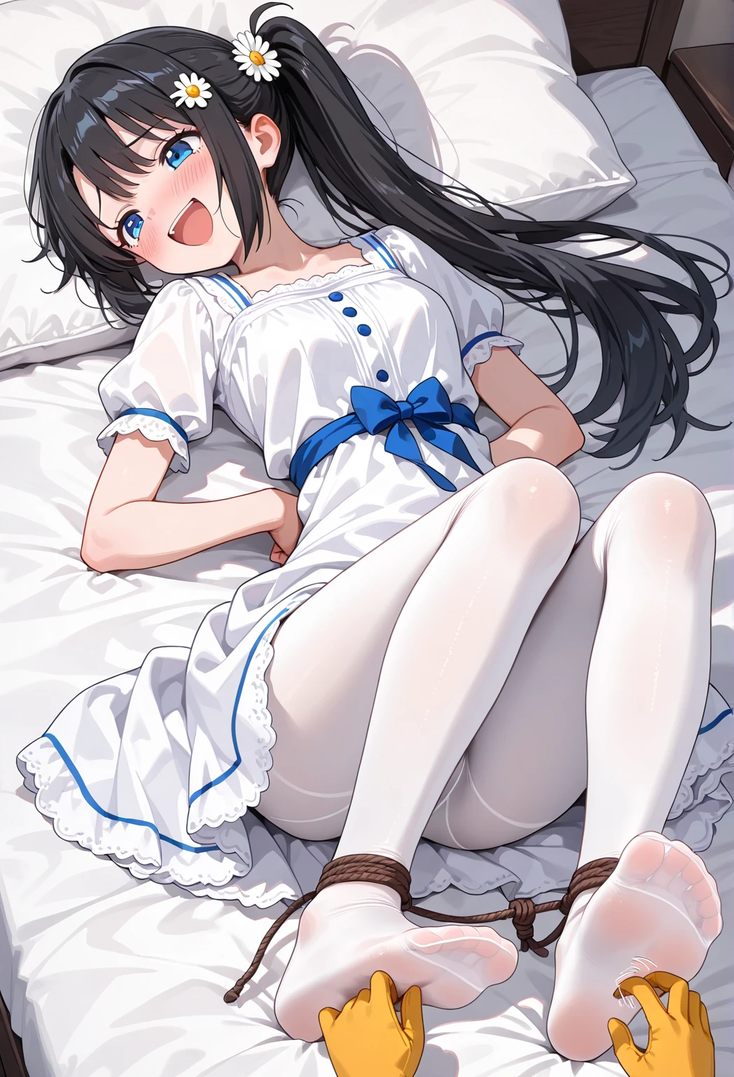 Masterpiece、Highest quality、highest quality、(((Lori)))、 ((((Petite))))、Shiny hair quality、Small face、Sitting、Super detailed, beautiful, wide eyes、Ultra-detailed, clear and beautiful faces、(cute illustration:1.2), High-resolution, ultra-detailed, best quality, embarrassed、Cute white underwear、Thighs