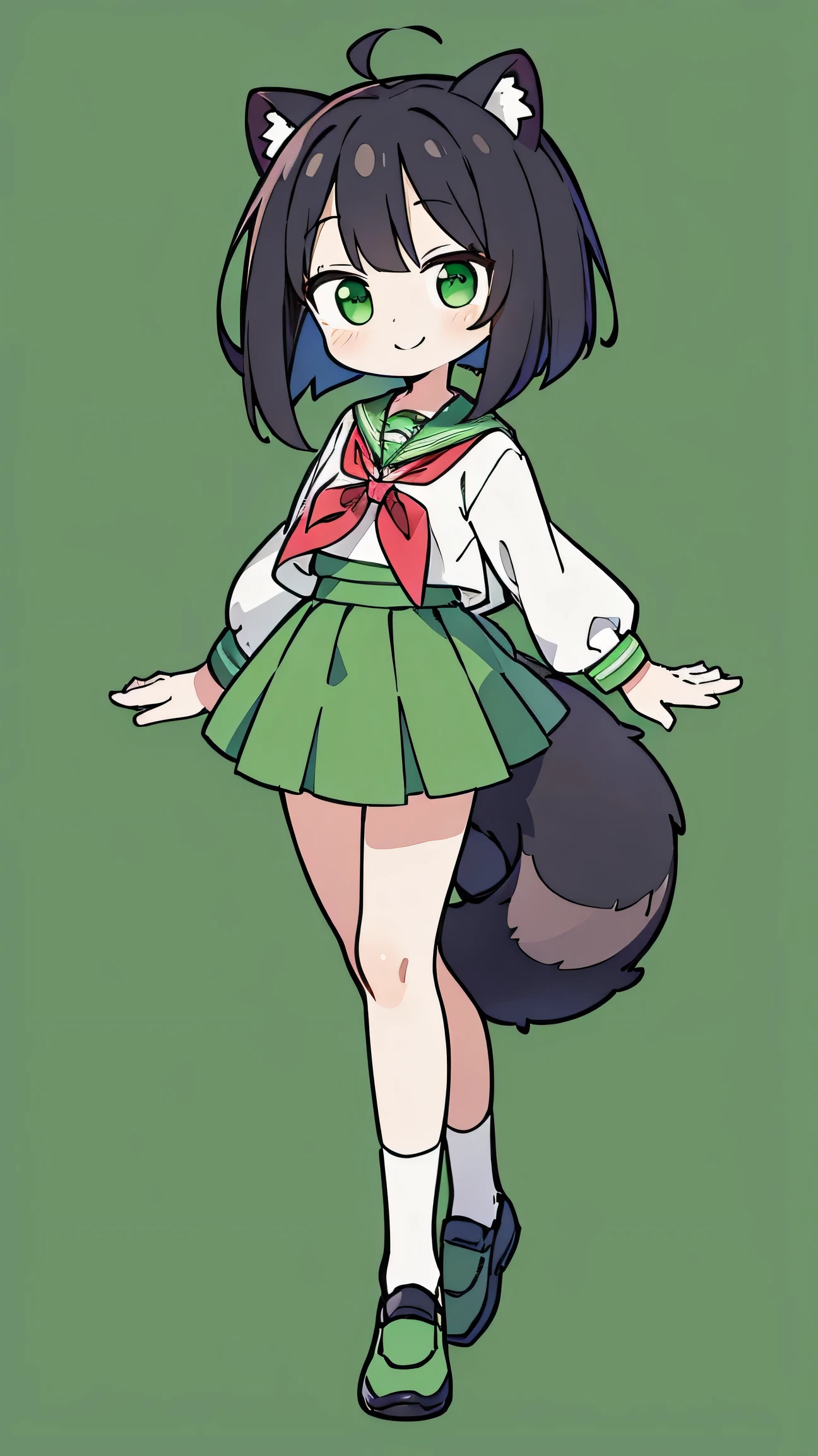 anime style、cute face、female、raccoon ears、tail、 black hair、bob hair、green sailor suit、green skirt、Black shoes、green eyes、Smile、simple background、Full body、HD、high quality、Facing Front、5K、Seimitsu、masterpieces、real、フォトreal、High Dynamic Range、Studio Lighting、Extreme Details、Professional、Vivid Colors、bokeh effect