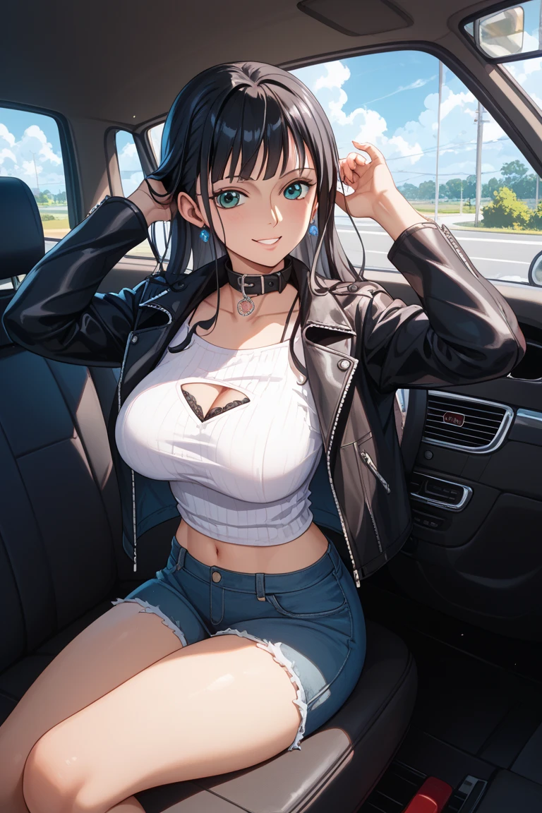 (best quality:1.3), (4K quality), (Detailed face:1.2), (Detailed eyes:1.2), 1girl, solo, Taiwanese woman, long black hair, With bangs,1 female in, 28 yo, Beautiful face, mascara, pink eyeshadow, glossy lips, red lipstick, closed mouth, smirk, big breasts, deep cleavage, pale skin, Black tight tank top, Tight Denim booty shorts, black high-heel shoes, standing. (Background: Indoors, car repair shop). The woman is an automobile repair mechanic. She's looking at the camera with a flirtatious smile.