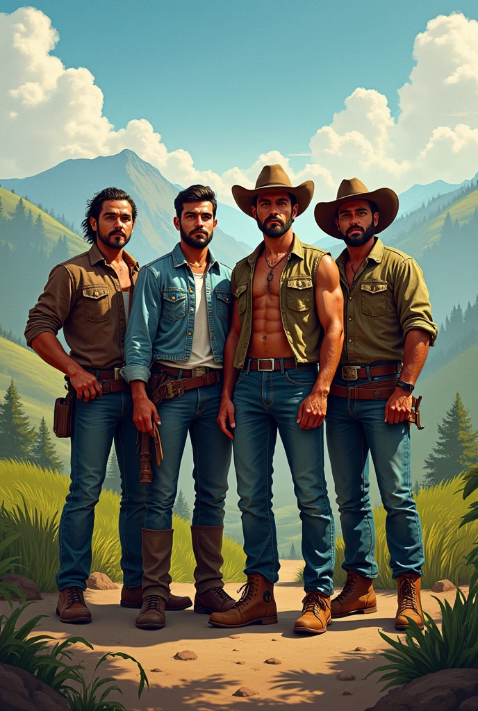 4 handsome men together cowboy handsome attractive shirtless in a tampo with a donkey with rope at his side