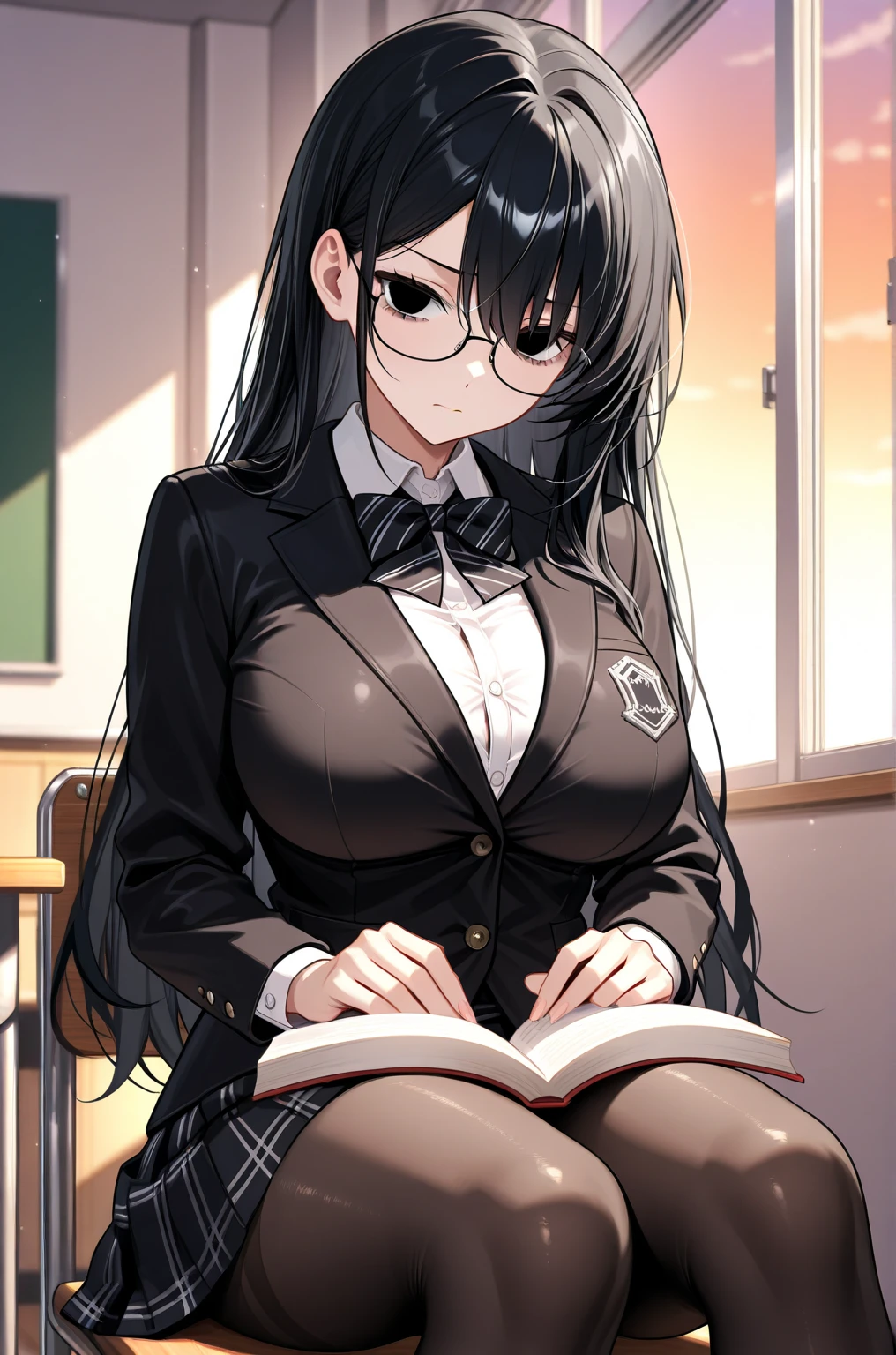 Wears glasses, elementary school student, black hair, black eyes, round, wears , is tall, is in the library, looks kind, has very large breasts, has long hair that reaches her waist, is reading a book, He has black hair but has a slight brownish tint, wears a headband, wears a black uniform, black skirt, white shirt, red tie, and black jacket., triumphant expression,,,,