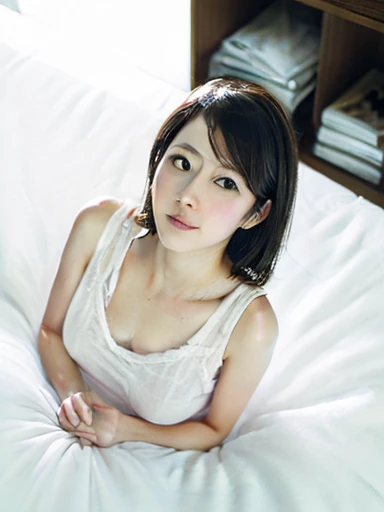8k、High resolution、masterpiece、Realistic、In detail、Fine texture、High Contrast、alone、16 years old、high school girl、Natural body shape、White skin、Natural Makeup、Black Hair、(bangs:1.3)、Straight Long Hair、(((Pink micro bikini)))、(Big Breasts:1.6)、Bedroom、On the bed、(looking at the camera:1.3)、(sweaty:1.4)、Smart Body、、(Areola:1.5)(Close up on face:1.2)、(Saggy breasts:1.3)lying on bed, lying on back, from above,(pov)Raising his arms to show his armpits、