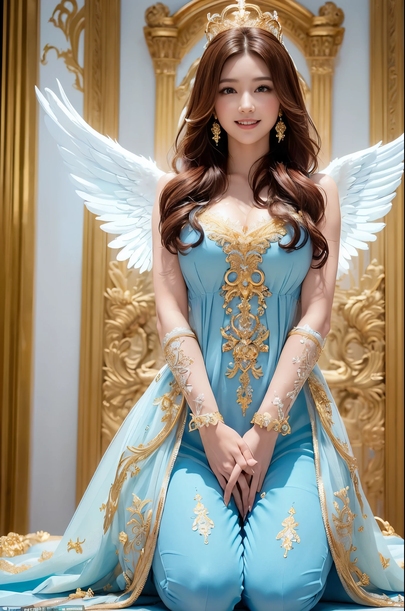 ((Very beautiful angel queen,The final form as a perfect angel, the masterpiece of an angel,Huge and intricate angel wings,The most dignified wings,Golden light,shining background,The most opulent and holy temple background,White and gold temple background,King of Angels,The most dignified angel,Intricate and solemn dresses,Light blue and gold embellishment dress on white,Light blue and gold dress on white base,Complex and majestic angel figure,The most majestic figure of the devil,The most intricately depicted figure of an angel,The World's Most Beautiful,Unimaginable beauties,divine atmosphere,The most intricate and beautiful dresses,Intricate reproduction of the perfect angelic detail,The figure of an unimaginably gorgeous angel,The figure of an unimaginably huge angel)), (((Tyndall effect;1.45))), ((Most beautiful face,Half Japan and half Spanish,The biggest happy smile,Beautiful wavy hair,Black and red hair,The most luxurious and intricate dresses,The biggest smile looking at the camera)),(Elegant standing figure,Fold your hands in front of your navel,)),Chest that seems to burst,Giant wings of angels,The background is the appearance of a perfect angel castle,Masterpiece,8K,very intricate,ultra-detailliert, nsfw