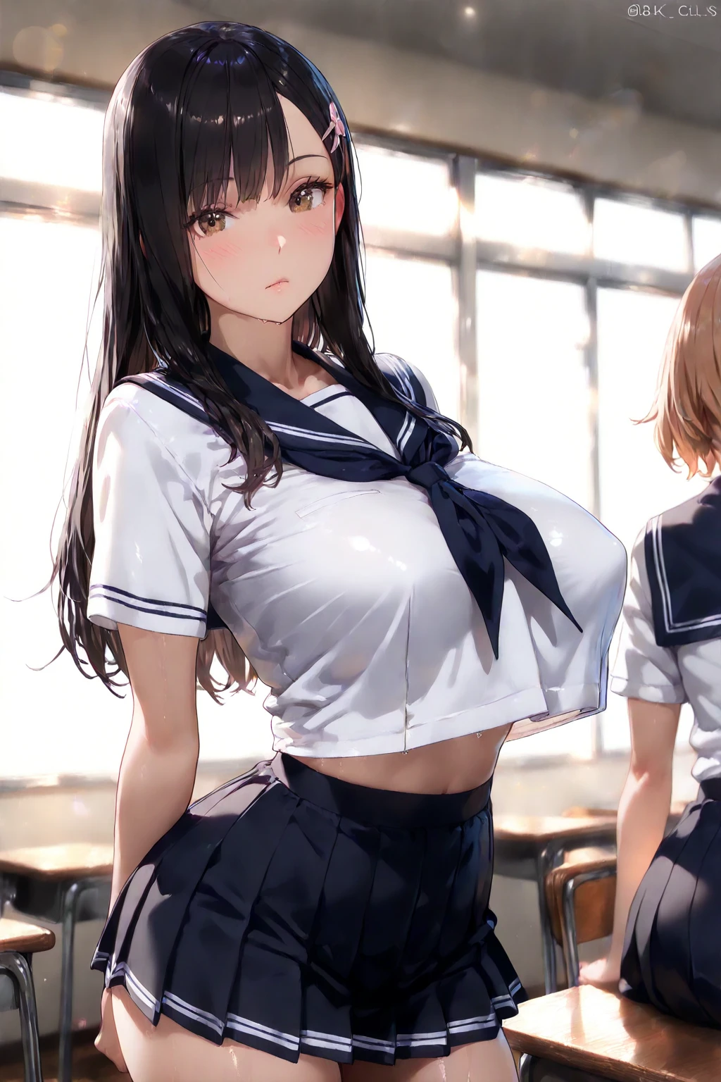 2lady(different hair style and clothes color), ((ultra-quality)), (Bukkake:1.5), (side view), (profile), (from side), (in 8K), (arms behind back:1.5), (arms are down), ultla highres, Hyper Detailed, High contrast, Ultrafine Strike, creative refinement, absurdres, Realistic, extremely detailed CG unified 8k wallpaper, Highly detailed, High-definition raw color photos, professional photograpy, Realistic portrait, Cinematic Light, Beautiful detailed, 28 years old woman, (realistic skin:1.3), (shiny skin), (Best Quality:1.4), Super Detail, High quality, master piece, lifelike, (After SEX), Bukkake, Perfect face, (cum on chest:1.5), (Bukkake:1.3), (cum on clothes:1.3), (Sharp Focus), (upper body), (close up), Delicate Beautiful Hair and Eyes and Face, Delicate eyes, radiant eyes, Lifelike, Hyper-detailing, (Wearing a dark sailor uniform:1.3), (school costume), (dark sailor collar), (black japanese school shirt), (exposed), (pleated skirt), (large areola), (colossal tits:1.8), (big breasts:1.5), (Beautiful breasts:1.5), (exposed breasts), (puffy nipples:1.3), (sexy nipples:1.3), (arms behind back:1.3), Beautiful cute woman, camel-toe details, (NSFW), wet clothes, pale black eyes, (bob hair), (ponytail), (asymmetrical bangs), (smooth stomach)