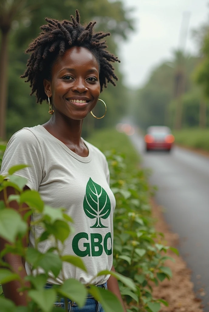 pretty african girl in 18 years smiling in green fields with airplane in the background