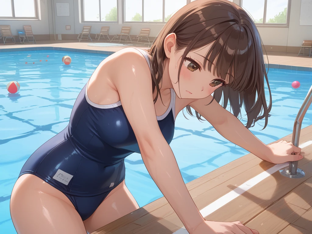 pieces fly、masterpiece、highest quality、Super detailed、High resolution、High resolution、8K portrait、High resolution CG of Unity 8k wallpaper、unity 8k wallpaper、cute:1.5、:1.5、Highly detailed CG unity 8k wallpaper、realistic、real person、cute、 portrait photography、shiny skin、High resolution、(brown hair semi-long hair:1.2)、(16 years old:1.2)、(1 girl)、perfect face、seriously、(blush:1.5)、((school poolside:1.6)),(((tits topless:1.5))) ,(((I have nipples))), Detailed description vagina,show vagina,spread legs,spread ,((Orgasm in the vagina:1.7)),((anus:1.4)), Detailed description vagina,Show butthole、anguish, blush:1.5, looking back:1.5, (open anus:1.6),((Looking back 1.5))、(midium breasts:1.2)、(take a pose:1.4)、((navy blue school swimsuit:1.4))