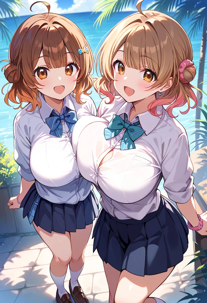 masterpiece, Highest quality, Beautiful face and eyes in every detail, Two Girls, Cute idol, Cool Idol, Event Stage, Cool idol costumes, sing, Laughter,（hyper Huge breasts:1.9)(shirtlift:1.8),(nipple:1.5),(Top view:1.4),(Side by side:1.7),(slouch:1.7),(breasts grab:1.8),(nsfw:1.7),