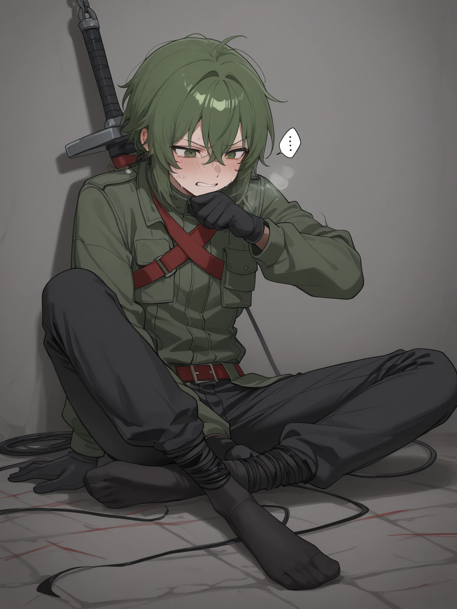 "he is chained in a green jacket and black pants、he is chained in a dilapidated stone dungeon。The red belt loosens、the state where his messy green hair sticks to his face with sweat。the sword on his back is taken、the black gloves are torn、the whip marks are visible through his clothes。the broken whip is rolled under his feet、the dim light illuminates his distressed and distorted expression。marks of torture and blood are drawn in the background、Characters {x} wear clothes that are conscious of their mobility during battle Conversely, it emphasizes powerlessness。"
