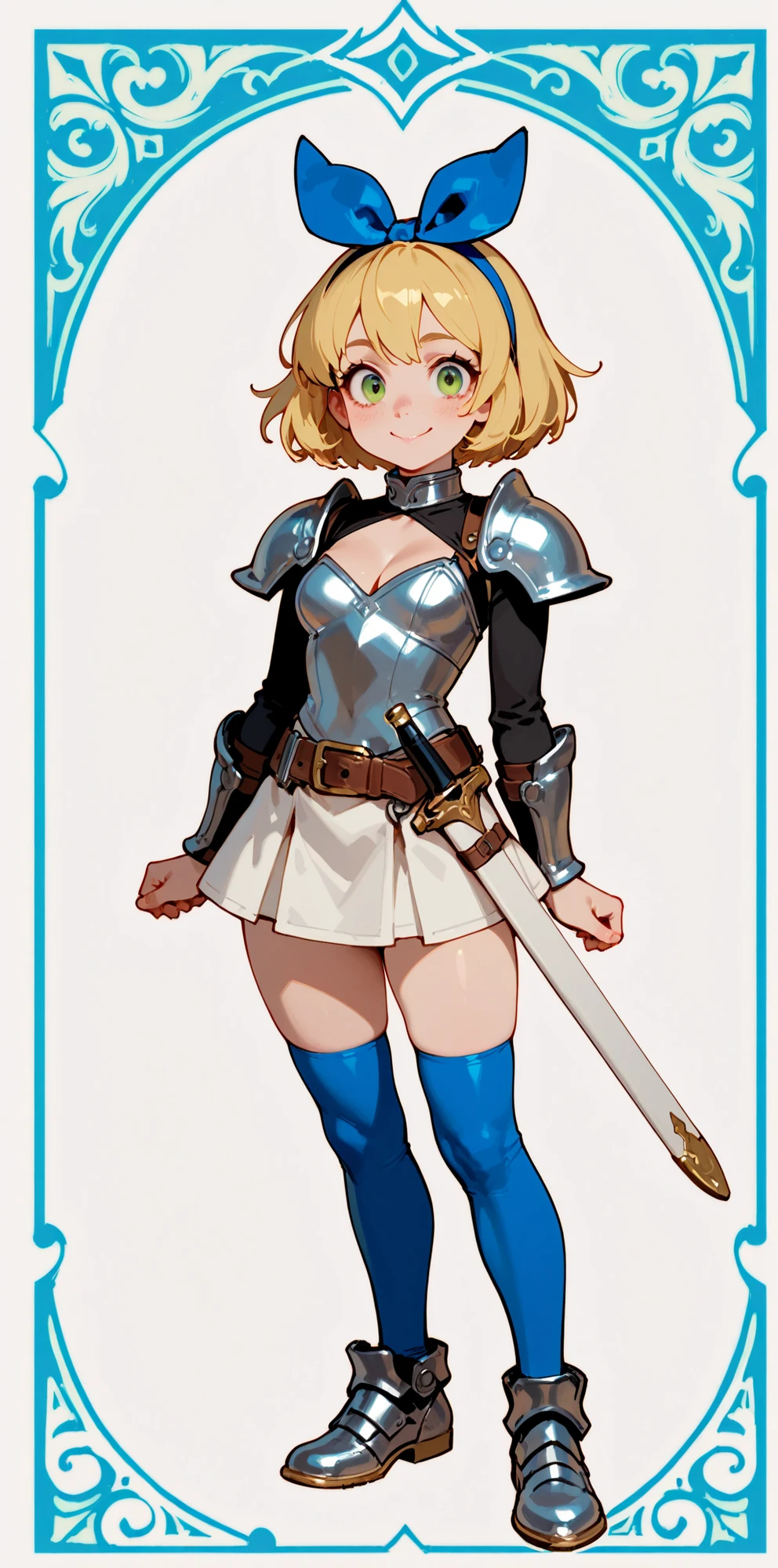 (Top Quality), (8k), full body, Well-balanced Body、laugh, lively、(( 18 years old )), blond hair, bob hair、freckles、one blue ribbon、blue hair top ribbon at the top of the head、 hair bow、 Long golden eyelashes、round, large eyes、green eyes, Very cute woman ,cheerful smile、Wears Silver Armor、shoulder pads、Arm protector 、black long sleeve shirt、collar、The chest is wearing silver armor、cleavage visible、wear a longsword in a scabbard at the waist、skin is exposed on the thighs、dress with a white blue border、white miniskirt with a blue border at the hem、absolute region with to、Blue knee-high socks,Sturdy leather shoes、 Cavalry、Isekai for puzzles