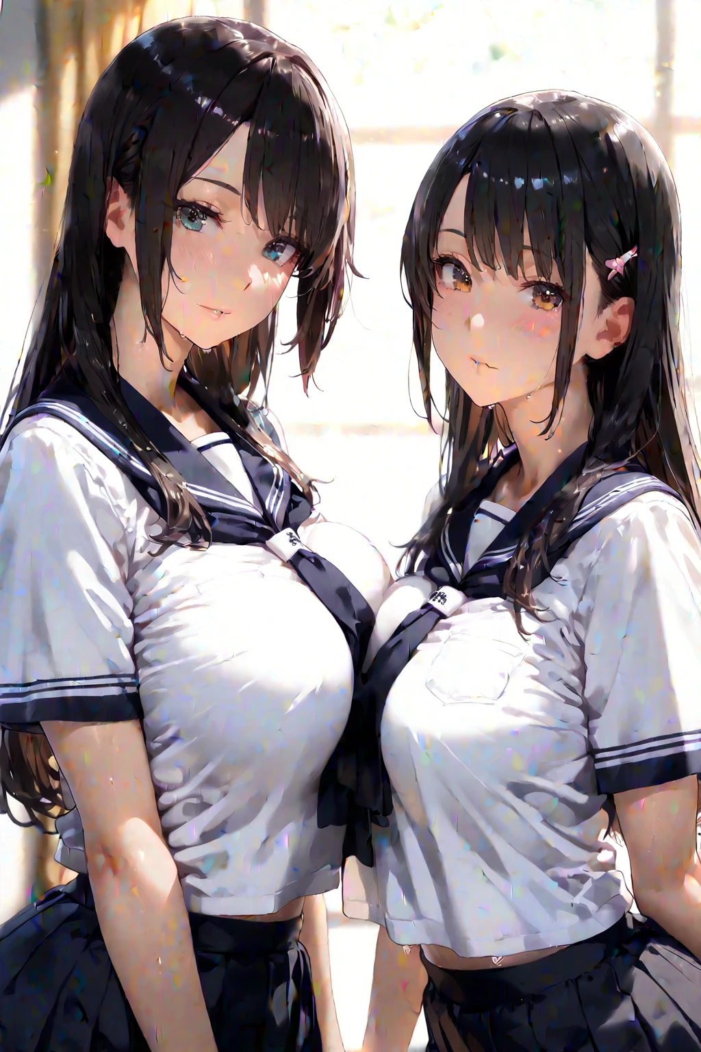 (looking away:1.5), 2lady(different hair style and clothes color), ((ultra-quality)), (Bukkake:1.5), (side view), (in 8K), (arms behind back:1.5), ultla highres, Hyper Detailed, High contrast, Ultrafine Strike, creative refinement, absurdres, Realistic, extremely detailed CG unified 8k wallpaper, Highly detailed, High-definition raw color photos, professional photograpy, Realistic portrait, Cinematic Light, Beautiful detailed, 28 years old woman, (realistic skin:1.3), (shiny skin), (Best Quality:1.4), Super Detail, High quality, master piece, lifelike, (After SEX), Bukkake, Perfect face, (cum on chest:1.3), (Bukkake:1.3), (cum on body:1.3), (Sharp Focus), (upper body), (close up), Delicate Beautiful Hair and Eyes and Face, Delicate eyes, radiant eyes, Lifelike, Hyper-detailing, (Wearing a black sailor uniform:1.3), (school costume), (black sailor costume), (no tie), (Sheer), (colossal breasts:1.8), (large breasts:1.8), (Beautiful breasts:1.5), (covered breasts:1.5), (arms behind back), Beautiful cute woman, camel-toe details, (SFW), wet clothes, pale black eyes, (dark bob hair:1.3), (asymmetrical bangs),