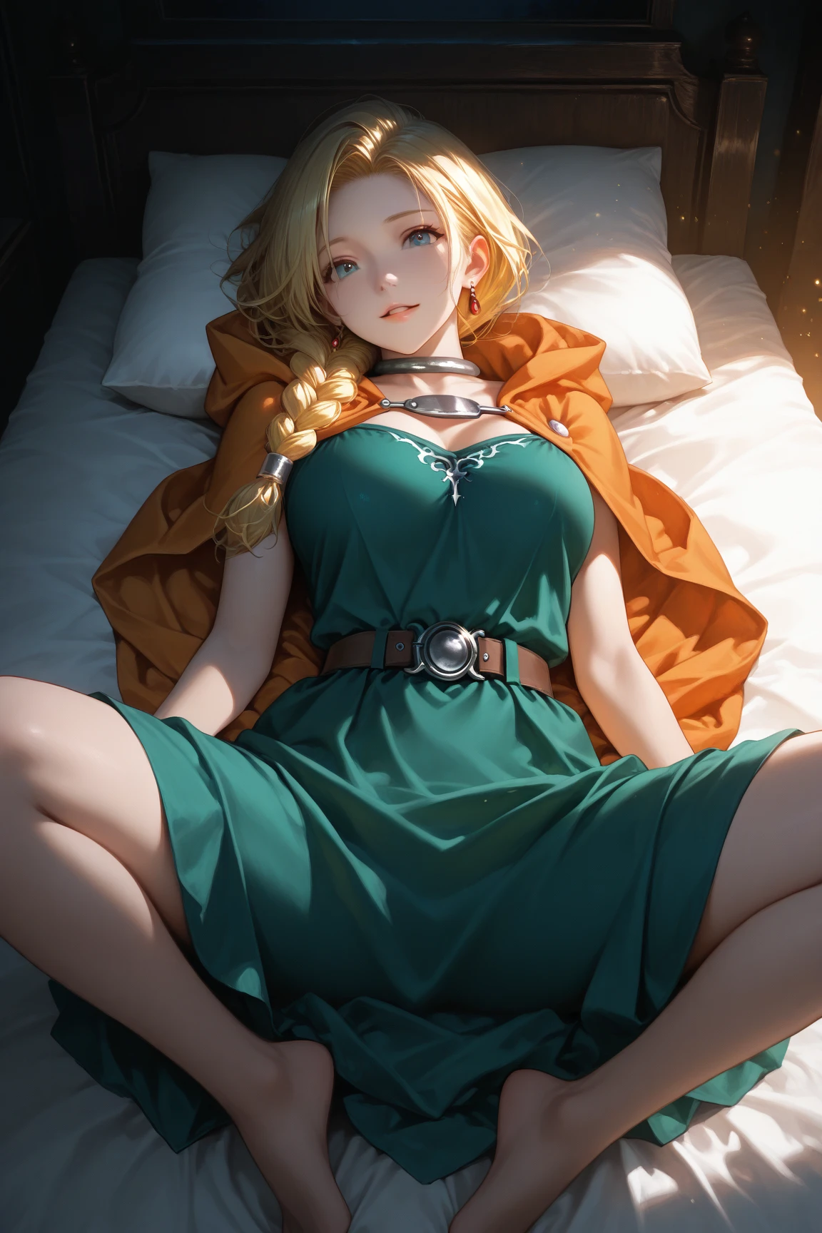 Perfect illustration、Professional illustrations、Cinematic lighting、Highly detailed drawing、Detailed face、Detailed eyes、One person、woman、Beauty、Bianca in Dragon Quest 5、Lying on your back、Falling、Torn clothes、Dirty clothes、Blonde、Braided Hair、Green dress、Orange Cape、Earrings、necklace、boots、Sweat all over、shame、I'm embarrassed and my face is red、Tears from the eyes、Translucent Slime、rape、sexy、Best Shot、Top view、nsfw