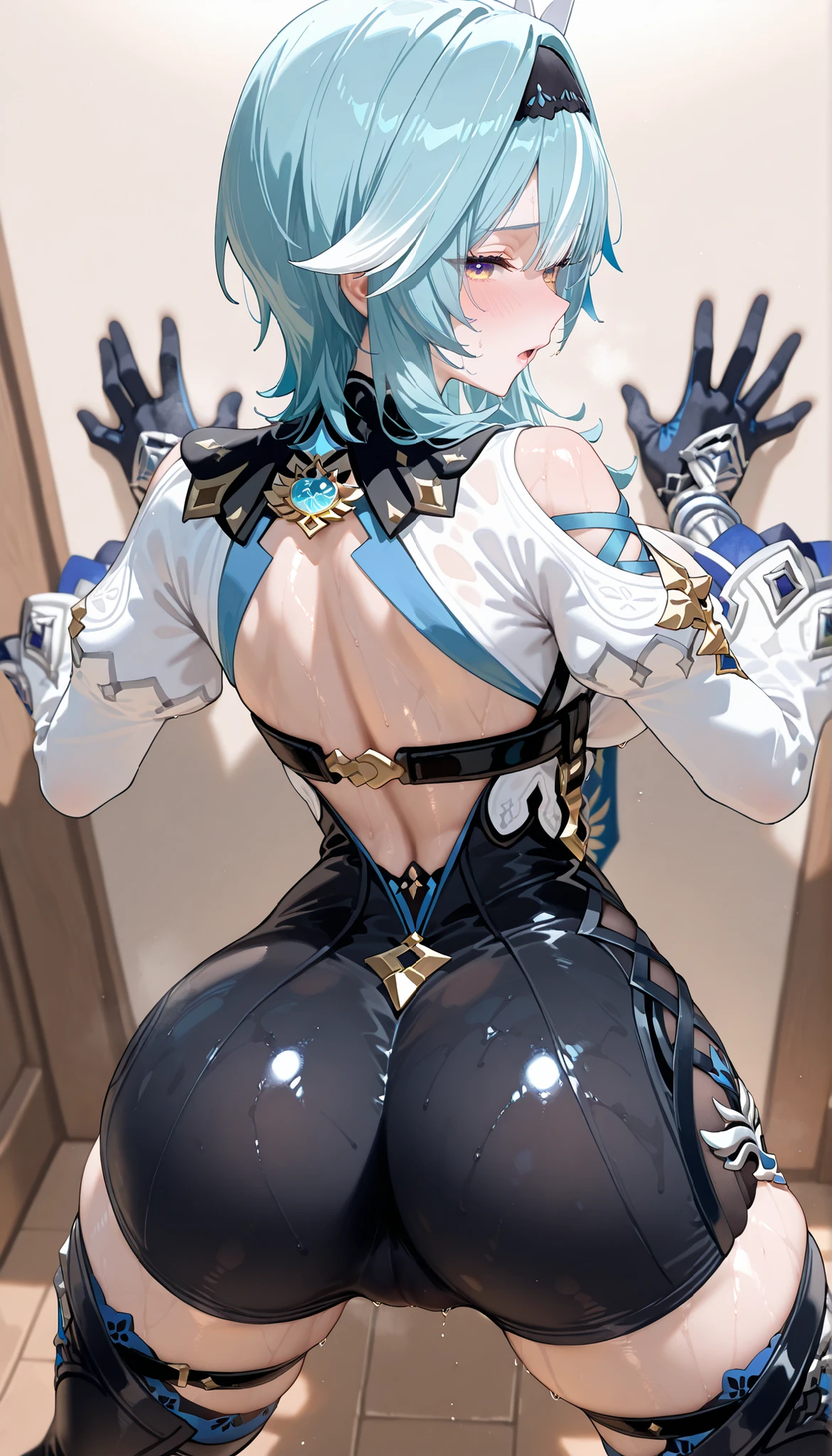 layla, layla, blue hair, bright pupils, drill hair, drill sidelocks, hair between eyes, long hair, pointy ears, sidelocks, (yellow eyes:1.5), (small breasts:1.2), BREAK bare shoulders, black gloves, blue hood, claw ring, detached sleeves, gloves, hood, jewelry, long sleeves, pantyhose, puffy sleeves, white pantyhose,
BREAK indoors, library,
BREAK looking at viewer, (cowboy shot:1.5),down hands、from back view、Look back with a sideways glance,
BREAK (masterpiece:1.2), best quality, high resolution, unity 8k wallpaper, (illustration:0.8), (beautiful detailed eyes:1.6), extremely detailed face, perfect lighting, extremely detailed CG, (perfect hands, perfect anatomy),