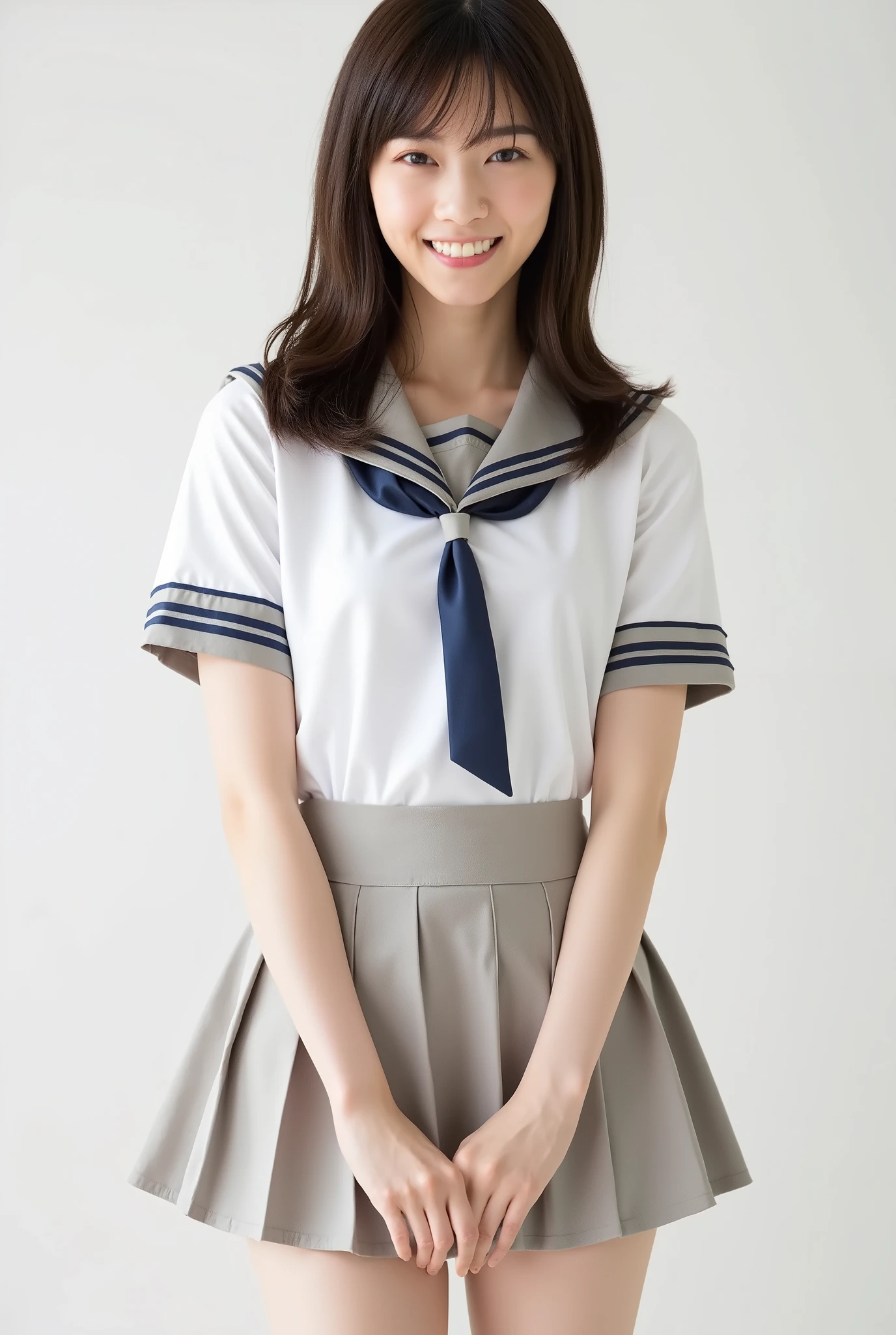 Create a realistic photograph of a beautiful Japanese female idol in a full-body portrait. She should have a slim figure, small bust, and slender legs, dressed in a Nogizaka-style idol uniform. The pose should be cheerful, showcasing her smiling. Use a simple background to highlight her features.