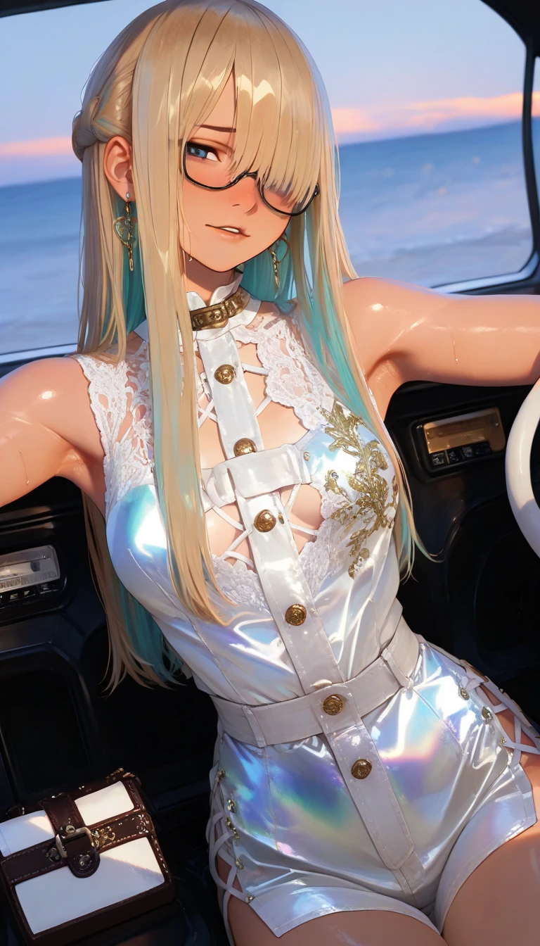 tmasterpiece，（tmasterpiece，top-quality，best qualityer），1girll， jewely，耳Nipple Ring，choker necklace，bangle， hoop earings， circle glasses，sun glasses， Long hair and long meat， Blonde hair，Black color hair，Silvery-white hair，Maroon hair， solo， ssmile， looking at viewert， motorvehicle，The Car， Sports cars，groundvehicle， Sat down， exteriors， daysies， nedium breasts，Open navel， dark skinned female， floral patterns， grinning smile，collars，Laser cloth，Sexy bikini，laser，holy rays，gold foil，Gold leaf art，glitter drawing，Correct anatomy，Detailed face, Detailed eyes，Chest exposed，(miami, night life)