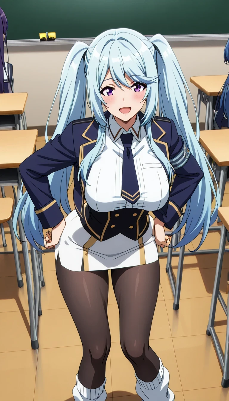 score_9, score_8_up, score_7_up, source_anime top quality、8k、masterpiece、natural light、high accuracy、perfect anatomy、transparent yoga tights for one woman、Mature Woman、medium breasts, sagging breasts:1.6, voluptuous body, epsilon, long hair, twintails, blue hair, purple eyes, sidelocks, ( Happy Expression 、fun expression)、 school uniform, open jacket, cropped jacket, navy jacket, gold trim, white shirt, long sleeves, navy corset, white skirt, tight pencil skirt, navy necktie, pantyhose, ((School Classroom)), sexy pose、loose socks